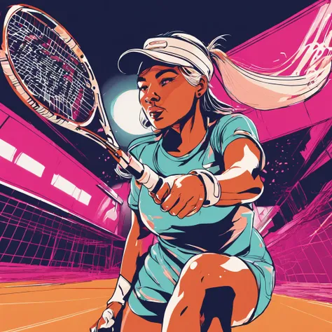 Woman playing tennis in a vibrant anime style, characterized by bold lines and vibrant colors that pop. The woman has a youthful appearance, with large, expressive eyes and a determined yet friendly expression. The angle of view is slightly elevated, captu...