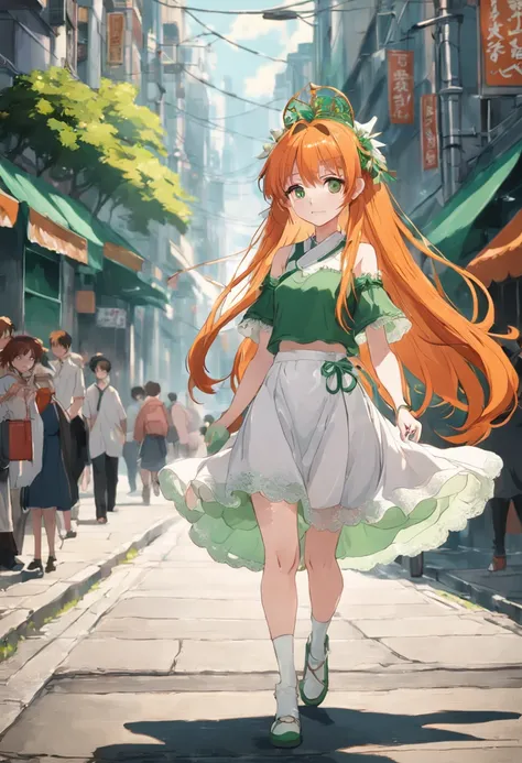 Orange hair Green pupils Walking down the street Turn to look back Smile masterpiece High quality High detail White top White short skirt with green lace Carrot tiara Horse ears Very long hair Highest quality