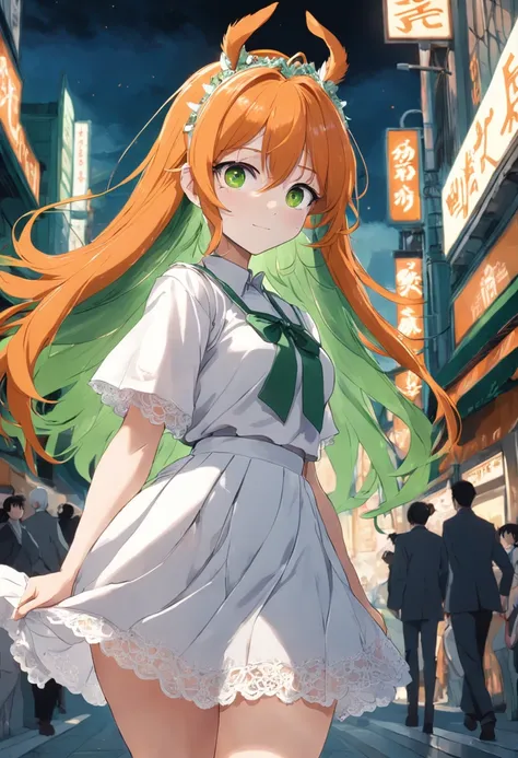 Orange hair Green pupils Walking down the street Turn to look back Smile masterpiece High quality High detail White top White short skirt with green lace Carrot tiara Horse ears Very long hair Highest quality