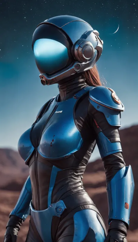 Highly detailed RAW color Photo, Rear Angle, Full Body, of (female space marine, black and red carbon fibre suit, (space helmet), accentuated booty), outdoors, (looking up at bright blue moon), on exotic alien alien planet, toned body, big butt, (sci-fi), ...