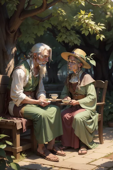 Old sage under a tree with his beautiful apprentice drinking tea