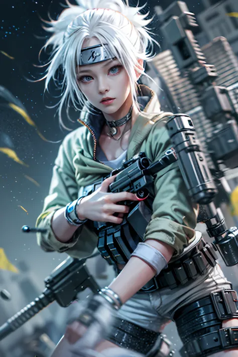 (tmasterpiece), (beste-Qualit), realisti, cinematiclight, Hinata from Naruto with a machine gun, cool pose, battlefield background, the perfect body, white eyes, white colored hair