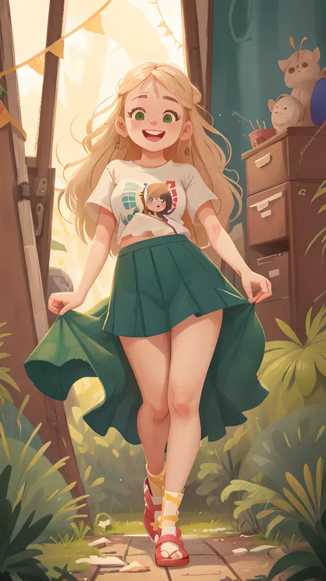 1lady, solo, full body, casual, long hair, minimal makeup, natural fabrics, close-up face, smile, long light platinum blonde hair, bangs, Korean bangs, bangs on forehead, green eyes, skirt, pleated skirt , cute pleated skirt, cute t-shirt, shirt, cute, per...