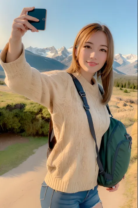 VeronicaCipher ((upper body selfie, happy)), masterpiece, best quality, ultra-detailed, solo, outdoors, (night), mountains, nature, (stars, moon) cheerful, happy, backpack, sleeping bag, camping stove, water bottle, mountain boots, gloves, sweater, hat, fl...