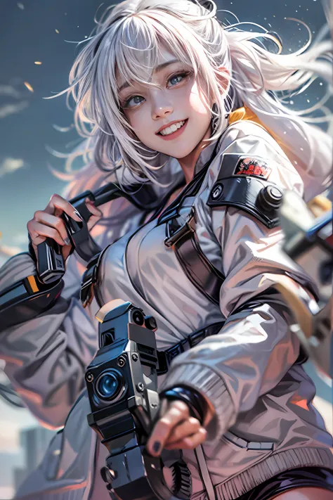 (tmasterpiece), (beste-Qualit), realisti, cinematiclight, ((Hinata from Naruto with a machine gun smiling)),  Pose with sexual overtones, battlefield background, the perfect body, white eyes, white colored hair