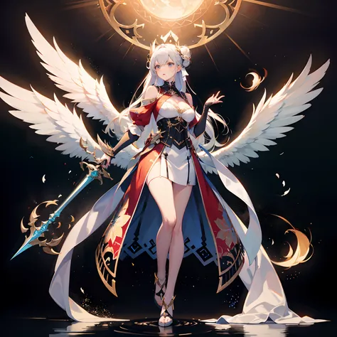 ((16K image quality,ultra-definition、The highest masterpiece,Best Quality)), maxiskit, Mysterious and fantastic outfit using red and white、a 1 girl, 独奏, Full body, wide shoot, Graceful standing, Raise your sword, White hair, Long hair, valkyrie,Angel、(Wing...