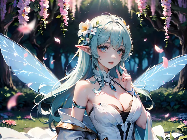 ((tmasterpiece)，((Best picture quality)，8K，high detal，super detailing，A beautiful and magical flower fairy，Delicate facial features，She held a magic wand in her hand，Mana is being cast，It emits a soft and brilliant glow，Symbolizes her love of magic and abi...