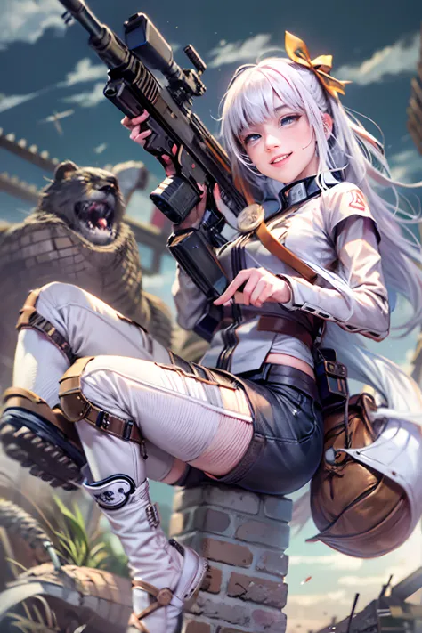 (tmasterpiece), (beste-Qualit), realisti, cinematiclight, ((Hinata from Naruto with a machine gun smiling)),  Pose with sexual overtones, battlefield background, the perfect body, white eyes, white colored hair