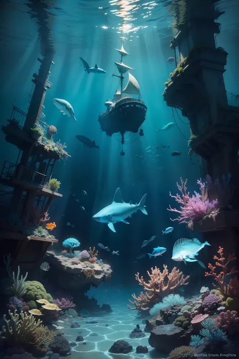 Profundezas Encantadas: Shipwreck and Marine Life" is an impactful work of art painted with brush and paint that immerses viewers in an underwater world filled with mystery and beauty. The scene depicts the seabed with various species of fish, mammals, tar...