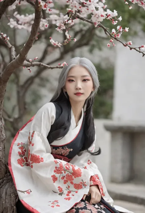 Best Quality, white hair, Korean Traditional Clothing, Hanbok, floral print,  korean female, Korean appearance, an asian woman,  1Korean girl, Sitting, looking a viewer, flower, red eyes,  hairlong, wide sleeves, closed mouth, long sleeves, hanbox with pri...