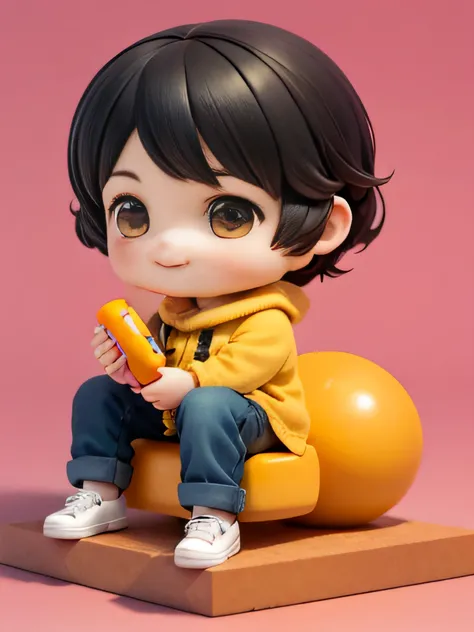 Three View，lovely boy，Seated boy，ssmile，Black color hair，yellow-tops，Holding a toy，High quality details，shaggy，Simple，Full body like，background is simple，Side view of boy，The back of the boy，Front view of boy