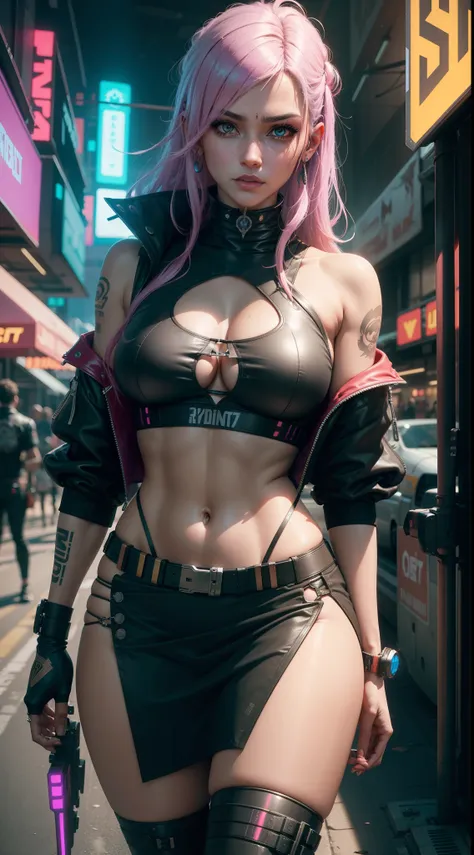 uma mulher com um casaco de cabedal segurando uma espada, arte cyberpunk, por Yang J, camisa cortada com casaco, highdetailed, mercado cyberpunk, cgsociety, Highly detailed apparel, sinais cyberpunk, sakimichan frank franzzeta, oilpunk, High details in clo...