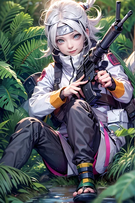 (tmasterpiece), (beste-Qualit), realisti, cinematiclight, ((Hinata from Naruto with a machine gun smiling)),  Pose with sexual overtones, battlefield background, the perfect body, white eyes, white colored hair