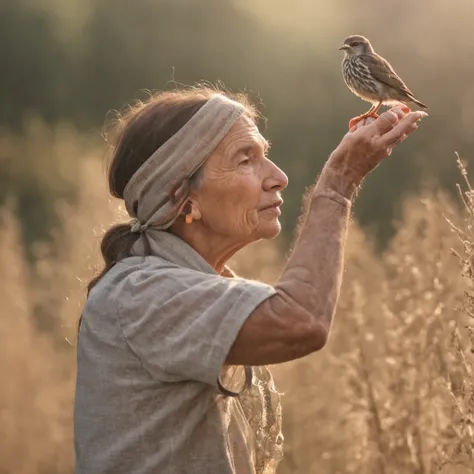 a blind person using a stick as a guide but of various colors and a blue sky with birds flying and a clear sun