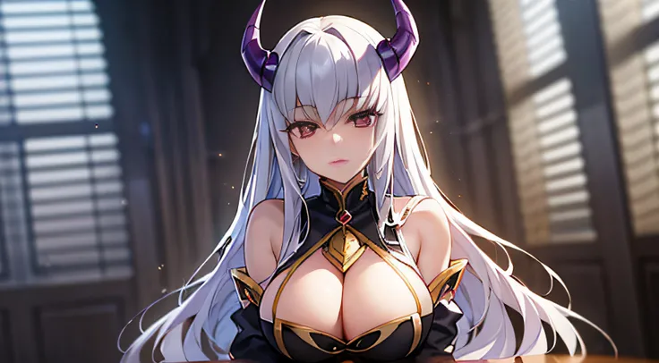 super-detailed、((master masterpiece、best-quality、detaild))、Hard rim lighting、((Dramatic lighting))、Sharp focus、One Girl、Code Geass、C.C.、white hair, the whole body、shirt, jeans,large breasts、Slender ,  purple horns