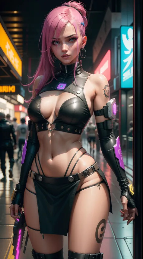 uma mulher com um casaco de cabedal segurando uma espada, arte cyberpunk, por Yang J, camisa cortada com casaco, highdetailed, mercado cyberpunk, cgsociety, Highly detailed apparel, sinais cyberpunk, sakimichan frank franzzeta, oilpunk, High details in clo...