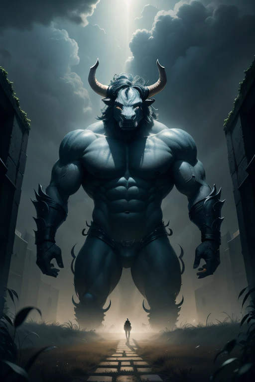 colossal minotaur coming out of a maze, dark and smoky place