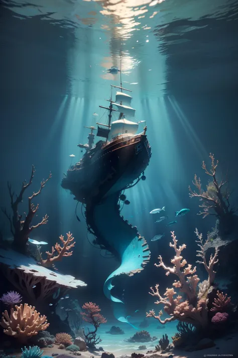 Profundezas Encantadas: Shipwreck and Marine Life" is an impactful work of art painted with brush and paint that immerses viewers in an underwater world filled with mystery and beauty. The scene depicts the seabed with various species of fish, mammals, tar...