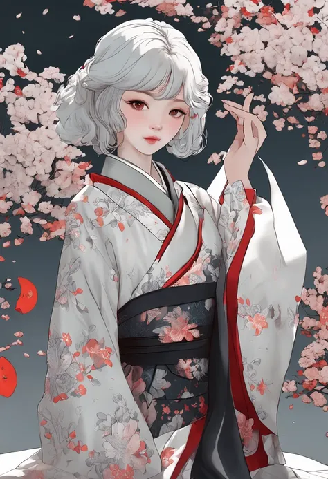 Best Quality, white hair, Korean Traditional Clothing, Hanbok, floral print, a 1girl, Sitting, looking a viewer, flower, red eyes,  hairlong, wide sleeves, closed mouth, long sleeves, hanbox with print, Black Hnbok, Grins, She is surrounded by spirits, gho...