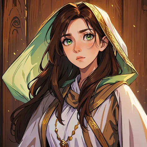 A beautiful woman with green eyes and brown hair she is a sorceress Wizard wearing white and gold robes Noble robes A princess of magic and a sad look Flushed A wooden wall background An art for an RPG A medieval art for RPG ((lateralmente)) ((lateral do r...