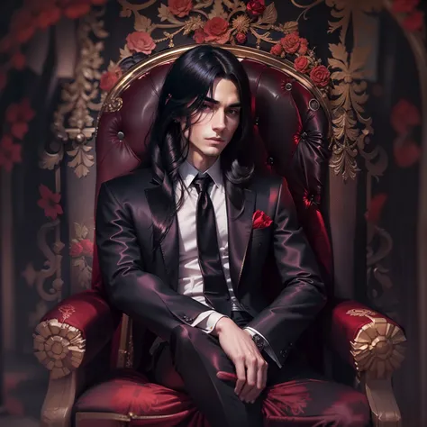 young man, long black hair, black suit, red tie, sitting on a throne, seductive