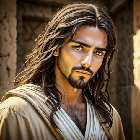 photo of Jesus, in biblical times Jesus, Photorealistic light environment, full face, looking at the Camera, calm eyes, serene and loving face, sweet look, is with lights in the background, The whole environment is clear, Photo by Busto --auto --s2