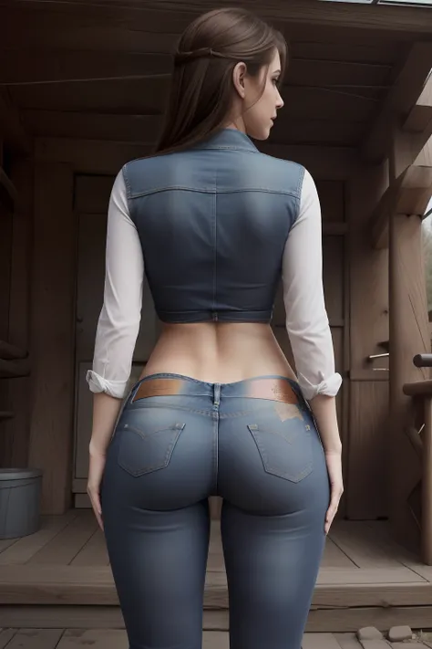 slim woman on low rise jeans from behind, slim butt curves, full body, log pose, (outdoor)