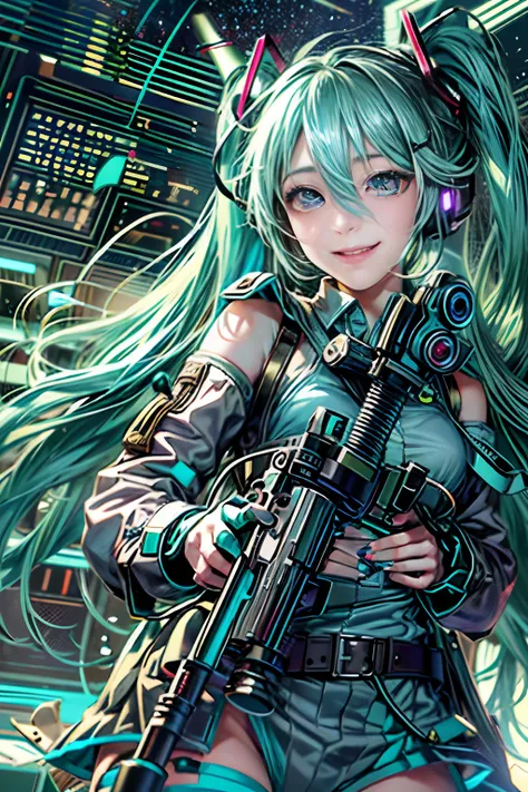 Photorealsitic, hight resolution, 1 rapariga, Korea person, Heterochromia eyes, small moles under eyes,(tmasterpiece), (top-quality), realisticlying, ciinematic light, ((Hatsune Miku smiling with a machine gun)),  Posing with sexual overtones, Battlefield ...