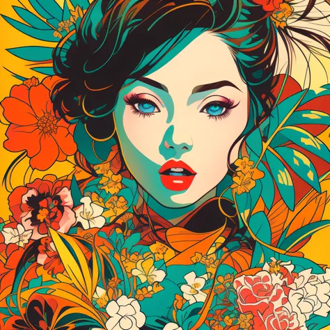 Illustration of a woman with a fan and flowers in her hair, Jen Bartel, japanese art style, Alphonse Mucha e Rossdraw, a beautiful artwork illustration, in illustration style digital, Arte bonita UHD 4K, estilo de arte impressionante, Martin Ansin, Retrato...