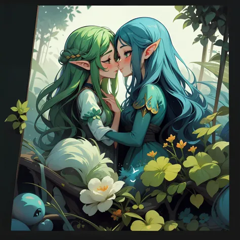 adesivo, fundo simples, portrait, 2 girls, couple, kissing, girl with long hair, beautiful fairy girl, fairy aesthetic, beautiful girl, very beautiful fantasy art, beautiful and elegant female fairy, beautiful detailed fantasy, green and blue color palate,...