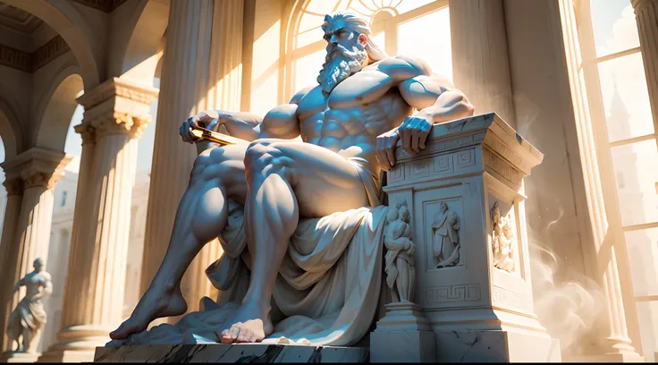 Design a powerful white light background with a captivating white marble sculpture of a wise and muscular figure from Greek mythology. The sculpture must embody strength, wisdom, and intrigue with its realistic marble texture, displaying prominent biceps a...