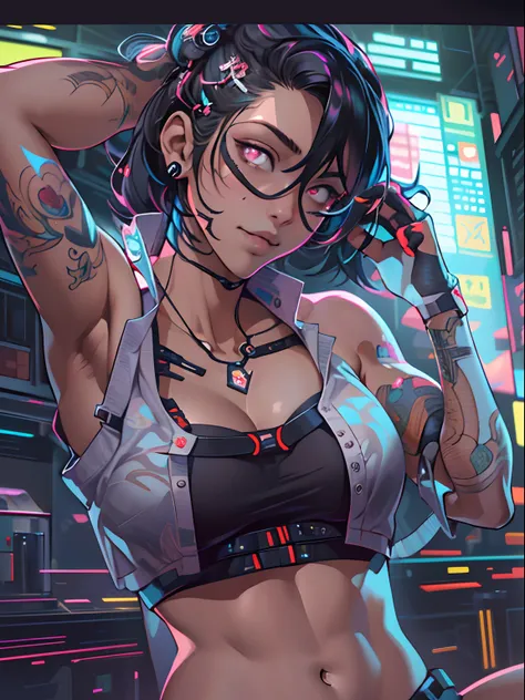 Mulher cyberpunk com pele escura e olhos azuis e cabelo castanho curto, vestindo uma blusa branca folgada e um short de banho 8k_wallpaper, olhos extremamente detalhados, corpo extremamente detalhado, dedo extremamente detalhado, (grande obra de arte digit...