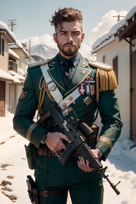 ((master part)), ((melhor qualidade)), ((alta resolução)), 1st grade, fuzil de assalto, homem, masculino, cabelo loiro, barba ruiva, Bullpup, dedo no gatilho, Luvas, arma, handgun, segurando arma, coldre, carabina m4, Foco masculino, Pistola, rifle, esping...