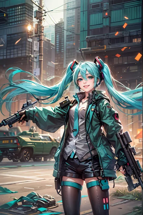 Photorealsitic, hight resolution, 1 rapariga, Korea person, Heterochromia eyes, small moles under eyes,(tmasterpiece), (top-quality), realisticlying, ciinematic light, ((Hatsune Miku smiling with a machine gun)),  Posing with sexual overtones, Battlefield ...