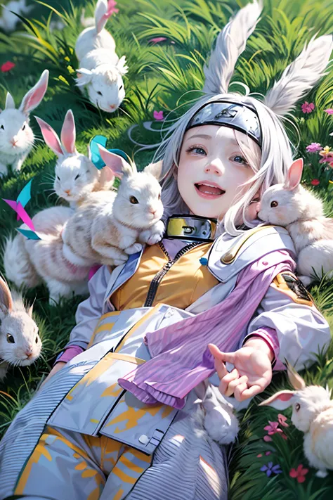 (tmasterpiece), (beste-Qualit), realisti, cinematiclight, (((Hinatas girlfriend Naruto smiles against the background of rabbits))),  attack pose, battlefield background, the perfect body, Cyan eyes, white colored hair