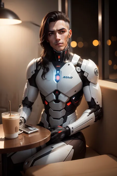 um lindo ser humano, meio robo, meio cyborg, having a coffee chicára, sentado em um PUB, em uma mesa com uma linda toalha branca, with coffee stain,