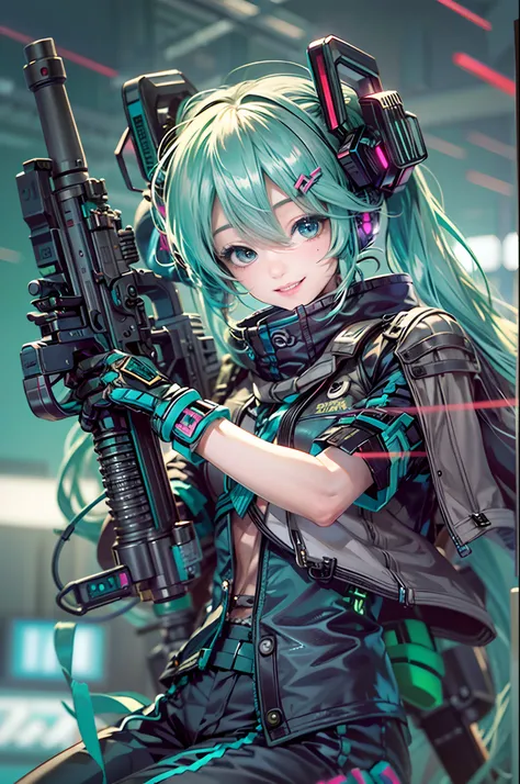 Photorealsitic, hight resolution, 1 rapariga, Korea person, Heterochromia eyes, small moles under eyes,(tmasterpiece), (top-quality), realisticlying, ciinematic light, ((Hatsune Miku smiling with a machine gun)),  Posing with sexual overtones, Battlefield ...