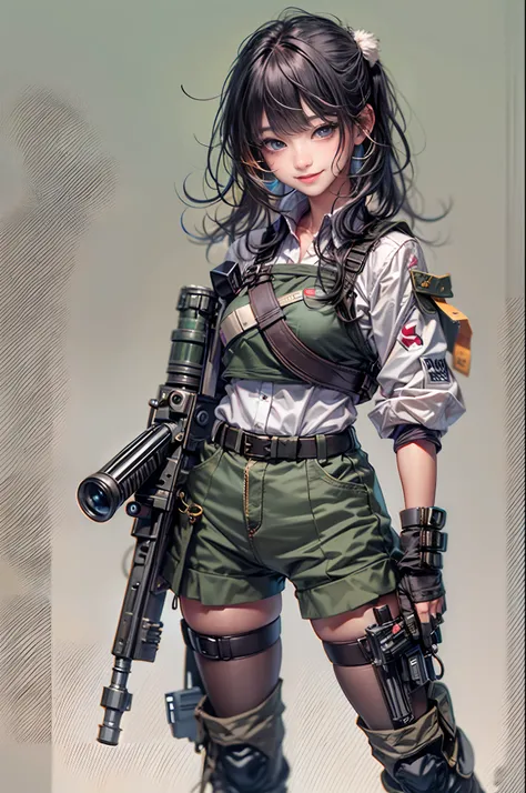 Photorealsitic, hight resolution, 1 rapariga, Korea person, Heterochromia eyes, small moles under eyes,(tmasterpiece), (top-quality), realisticlying, ciinematic light, ((Smiling schoolgirl with machine gun)),  Posing with sexual overtones, Battlefield Back...