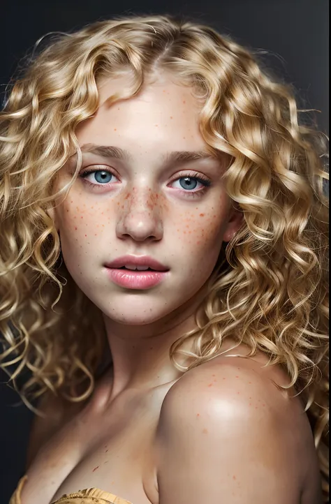 a photo portrait of a beautiful girl with curls and lots of freckles, (dirty blonde hair), (face portrait:1.5), dramatic light , Rembrandt lighting scheme, (hyperrealism:1.2), (8K UHD:1.2), (photorealistic:1.2), shot with Canon EOS 5D Mark IV, detailed fac...