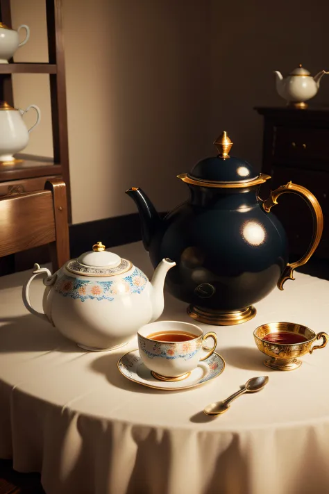 "RAW photo, best,masterpiece, best quality, high quality, extremely detailed,there is a teapot and cup on a table,