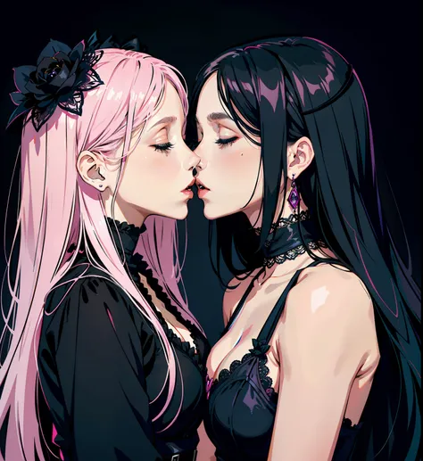 adesivo, fundo simples, portrait, 2 girls, couple, kissing, girl with long hair, beautiful gothic girl, gothic aesthetic, beautiful girl, very beautiful fantasy art, beautiful and elegant female gothic, beautiful detailed fantasy, black and pink color pala...