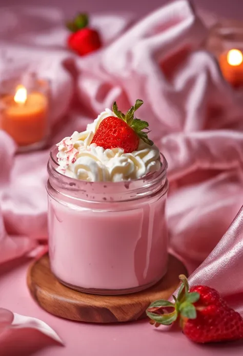 Aromatic candle with whipped cream and candle wax strawberries on top