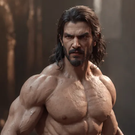 (professional 3d render:1.3) af (Realistic:1.3) most beautiful artwork photo in the world，Features soft and shiny male heroes, ((Epic hero fantasy muscle man rough wet hero angry look long hair short beard and ferocious expression in dynamic pose, Fantasti...