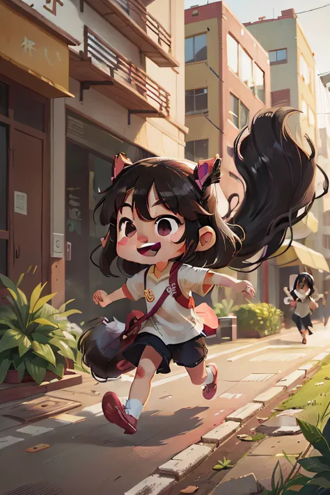 liu, a small Chinese girl, age 8, long black hair, slanted eyes, smiling, running headlong down the street