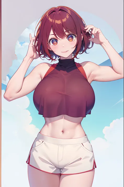 serena, honey-red hair, short hair, cropped white-colored tank top,bright smile, blushing, large breasts, adult body proportions, athletic body, well toned midriff, tang keke,