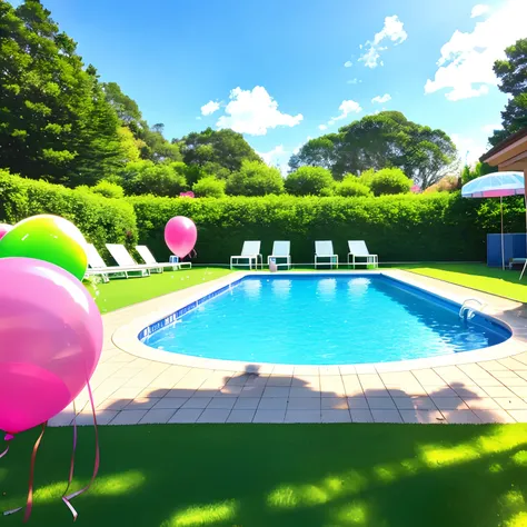 pool party background, scenery with green grassy floors and balloons in a pool far away pool in the background very far with pink party balloons, e piso na frente gramado. and blue sky day