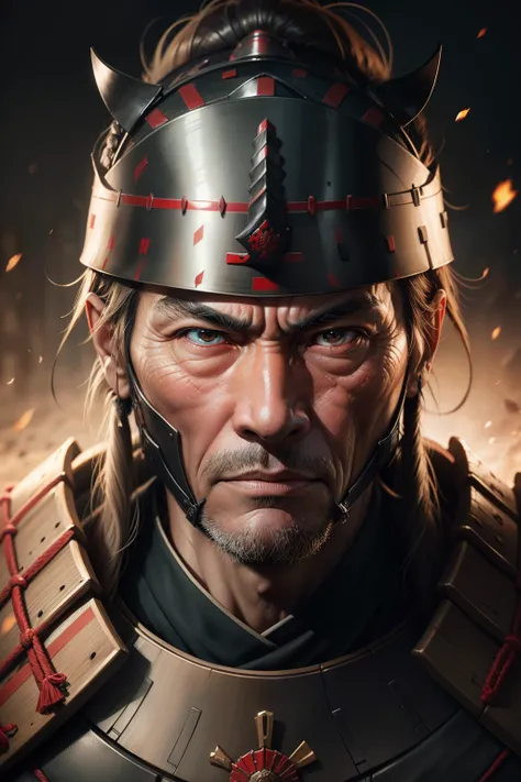 Realistic UltraHD close-up portrait of a samurai wearing a war mask, wrinkles ,and facial expression showing strong emotion