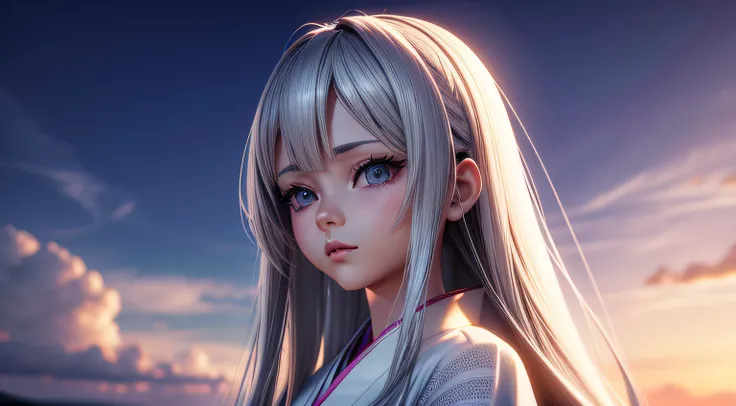 Garota inocente de anime de corpo inteiro com cabelo loiro com roupas longas estilo kimono branco posando para uma foto, arte cg anime suave, photorealistic anime girl rendering, Estilo de anime 3D realista, anime. soft lighting, Arte Digital Anime, Arte D...