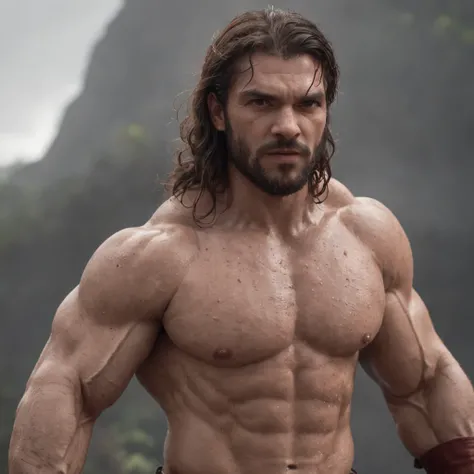 (Professional 3D rendering:1.3) de (Realistic:1.3) Foto de arte mais bonita do mundo，Features soft, bright male heroes, ((Epic hero fantasy rough muscular man wet hero angry look long hair short beard and fierce expression in dynamic pose, fantastic locati...