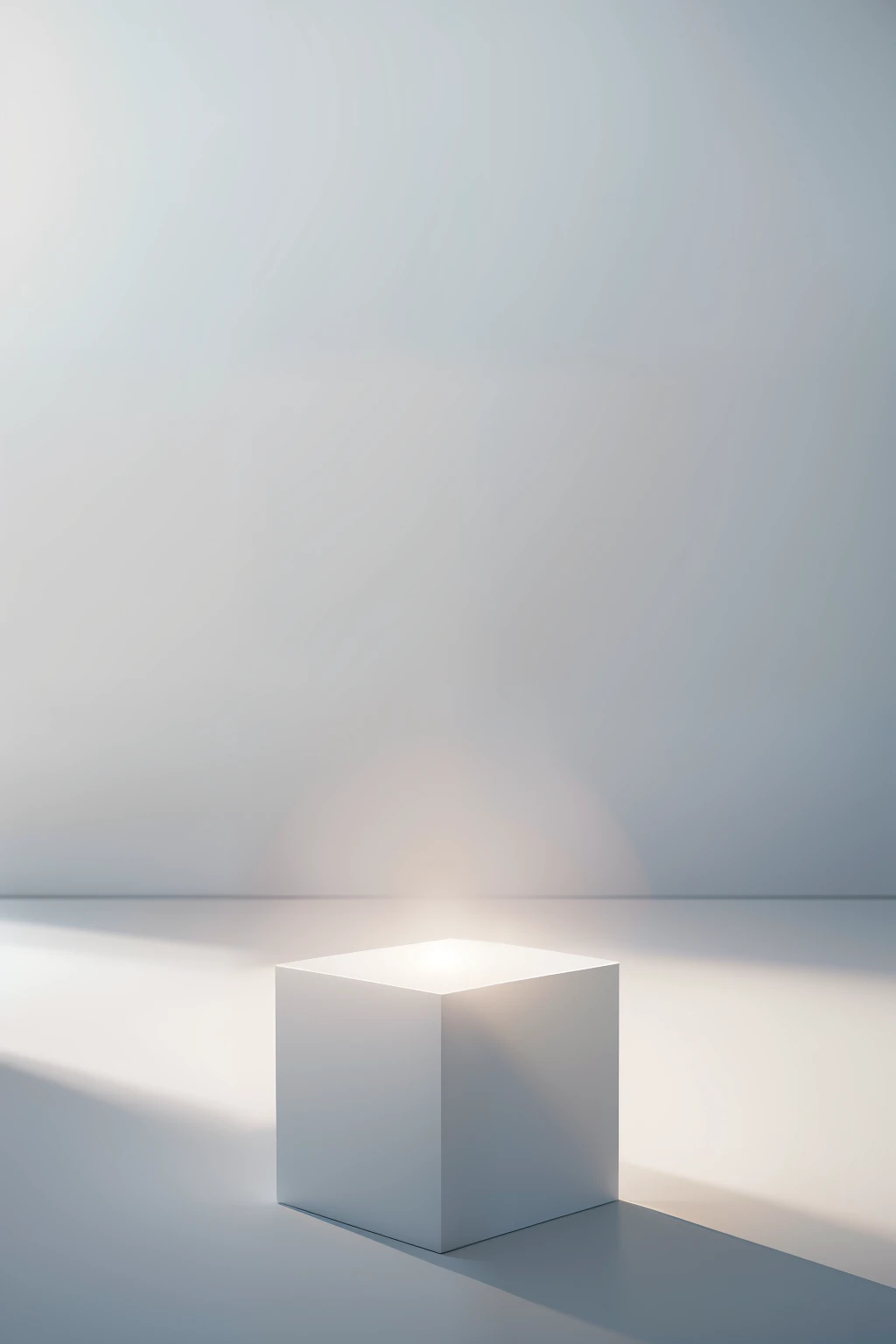 Hyper realistic concept art of a distant view of a single white cube, abstract white background, white ground, sunlight shadows, big long shot, concept art, cinematic, 3d rendering, realistic, intricate, depth of field